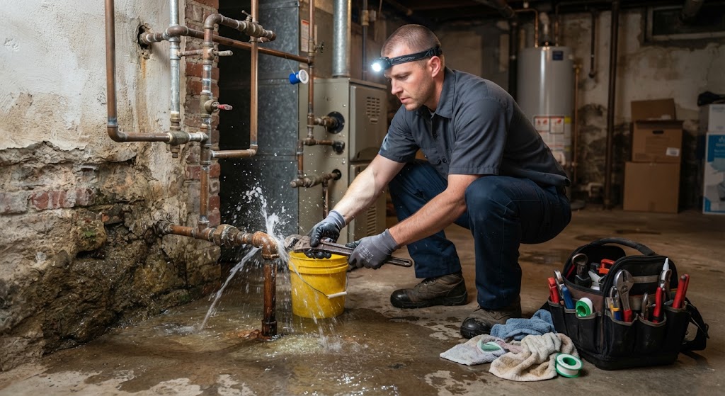 Technician using electronic equipment to locate a hidden plumbing leak
